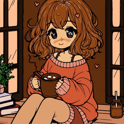 cute anime girl reading book and drinking hot chocolate from mug with loose wavy hair wearing a baggy sweatshirt and shorts sitting by windowsill looking out