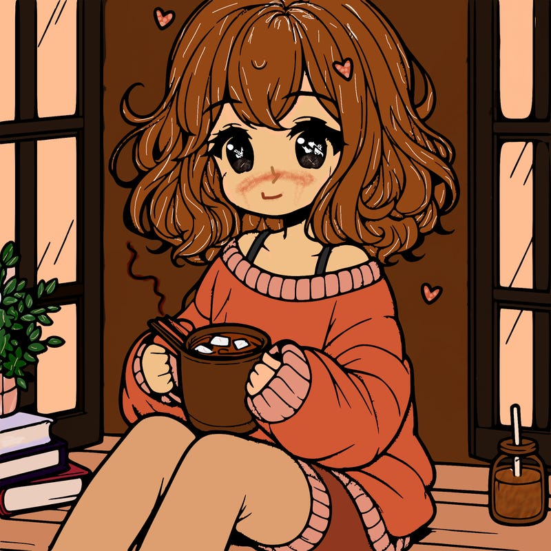 cute anime girl reading book and drinking hot chocolate from mug with loose wavy hair wearing a baggy sweatshirt and shorts sitting by windowsill looking out
