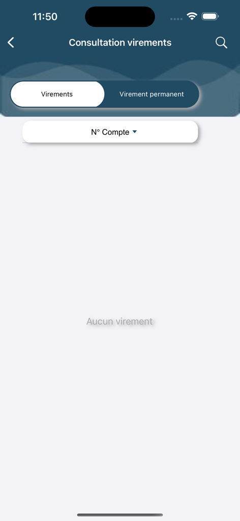 Pantalla de la aplicación móvil BGFIMOBILE CENTRAFRIQUE para consultar transferencias bancarias que muestra un estado vacío sin transferencias actuales.