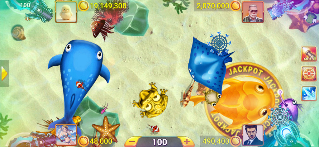 Gameplay des Ban Ca Fischschießspiels mit bunten Unterwasserwesen und Kanonen