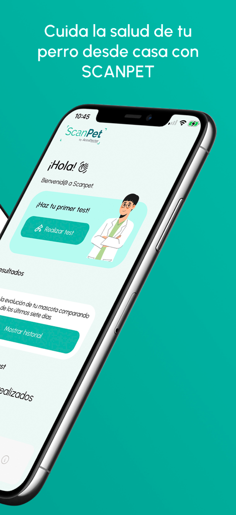 SCANPET - Home screen of the SCANPET app showing a welcome message and a button to start a pet urine test