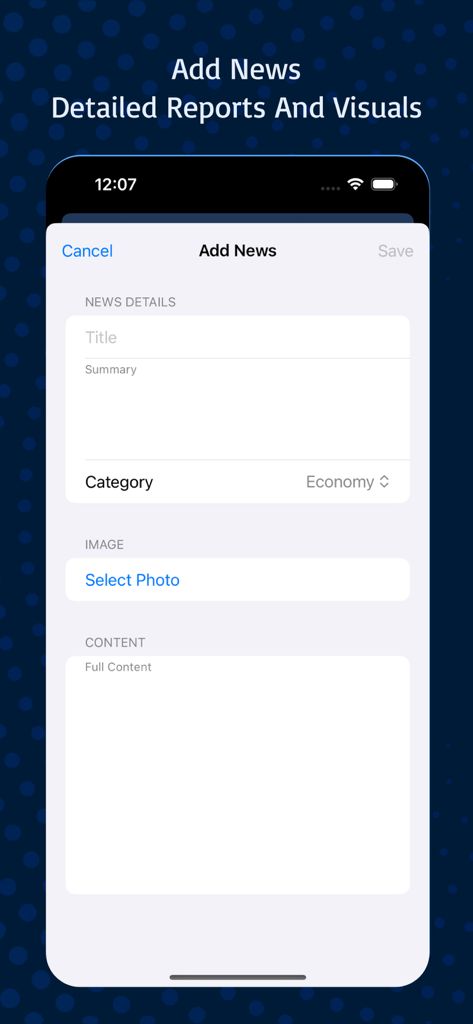 Interface d'application mobile pour la création de rapports et d'articles d'actualités financières personnalisés