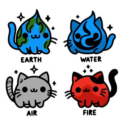 4 cats that represent the different elements, earth, water, air, and fire
