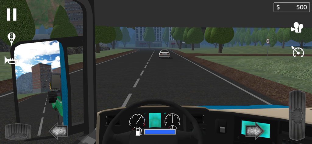 Cargo Transport Simulator - First-person cockpit view of a truck driving on a suburban road with visible dashboard and mirrors