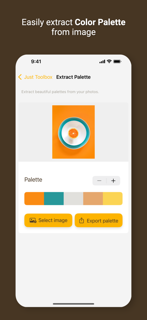 Oberfläche der Just Toolbox App, die die Extraktion einer Farbpalette aus einem Bild einer Orangenscheibe zeigt