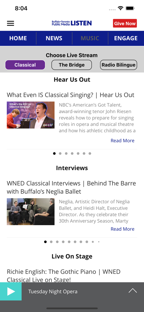 BTPM Listen app home screen showing music streams and cultural news articles