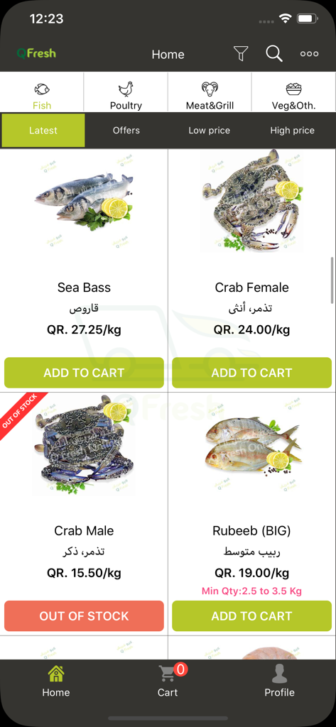 Captura de tela do aplicativo móvel Masskar exibindo peixes frescos como Robalo e Caranguejo com preços e botões para adicionar ao carrinho