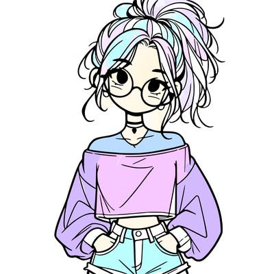 girl with a messy ponytail glasses a baggy crop top and jean shorts