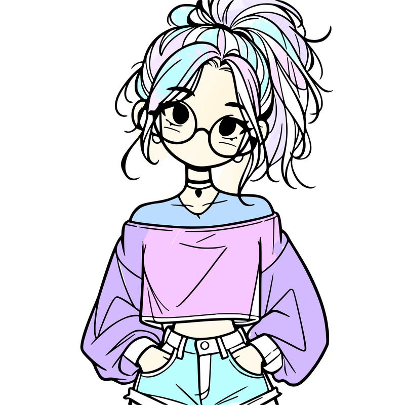 girl with a messy ponytail glasses a baggy crop top and jean shorts