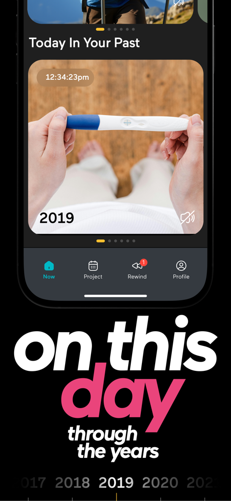 Screenshot of 1 Second Everyday app showing a 2019 pregnancy test memory in the Today In Your Past section