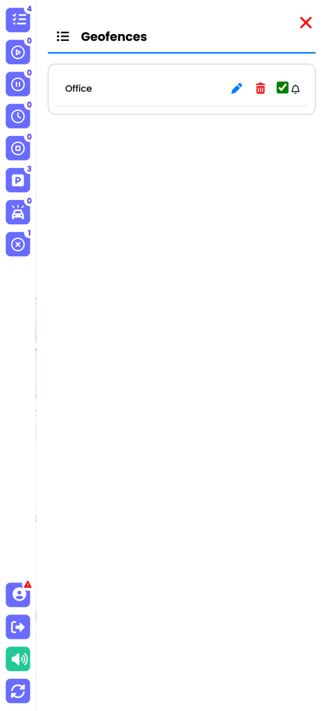 GPS India - Dashboard of the GPS India app showing the geofences management screen for fleet tracking