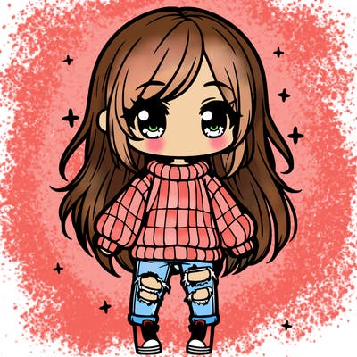 chibi girl with ripped jeans,long hair, and an oversized sweater