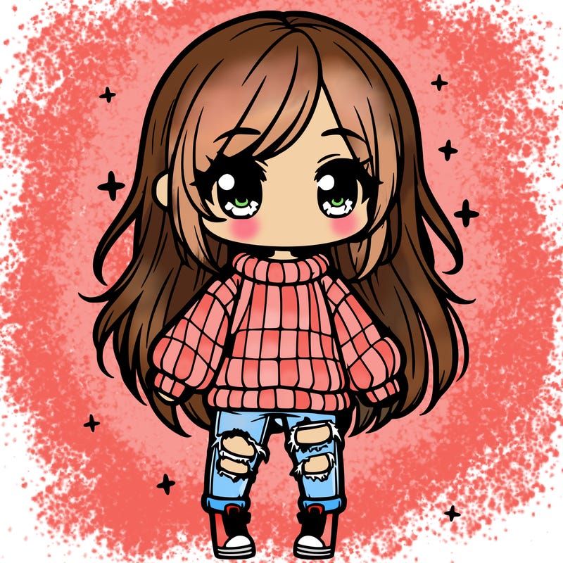 chibi girl with ripped jeans,long hair, and an oversized sweater