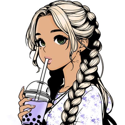realistic girl with braided hair drinking boba