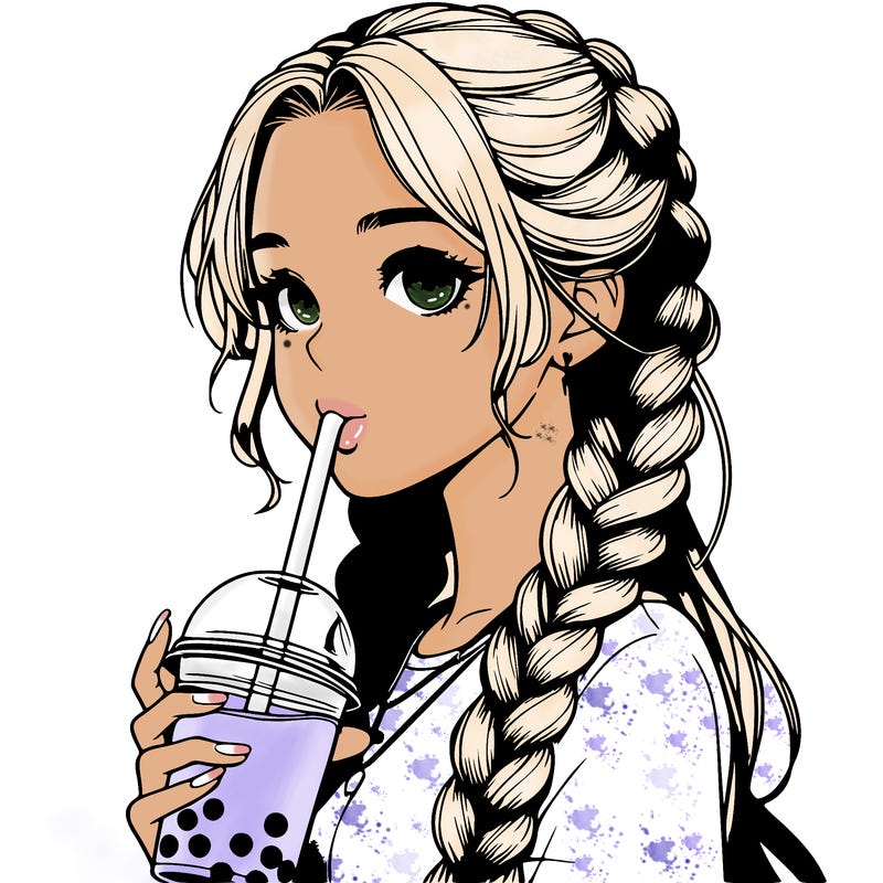 realistic girl with braided hair drinking boba