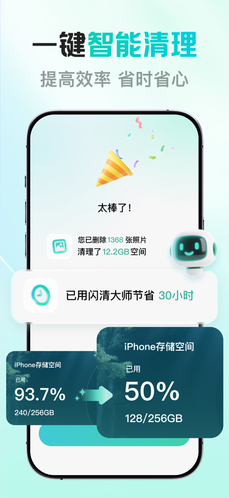 闪清大师-专业智能清理手机空间 - Captura de pantalla de la aplicación Flash Clean Master mostrando los resultados de limpieza inteligente con un clic, con 12.2 GB de espacio de almacenamiento recuperado y una comparación del uso de almacenamiento reducido del 93% al 50%