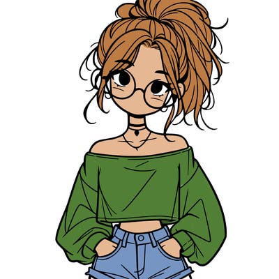 girl with a messy ponytail glasses a baggy crop top and jean shorts