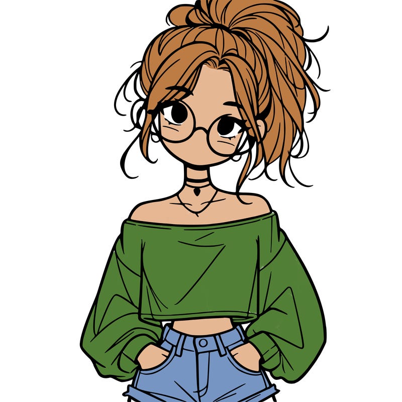 girl with a messy ponytail glasses a baggy crop top and jean shorts