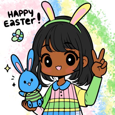 a  girl holding a bunny saying happy easter