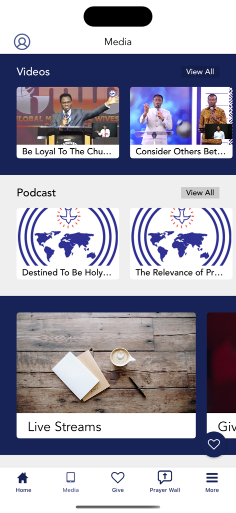 The COP eChurch app media section showing categories for videos podcasts and live streams