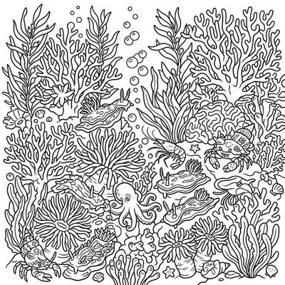 Explore the vibrant world beneath the waves with this exciting coral reef creatures coloring page, specially designed for kids aged 4-8. Discover playful octopuses, curious sea slugs, and bustling crabs amidst a rich underwater scene perfect for imaginative coloring.
