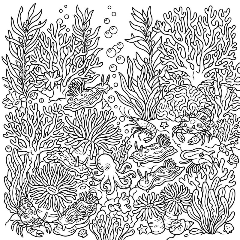 Explore the vibrant world beneath the waves with this exciting coral reef creatures coloring page, specially designed for kids aged 4-8. Discover playful octopuses, curious sea slugs, and bustling crabs amidst a rich underwater scene perfect for imaginative coloring.
