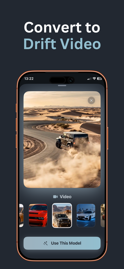AI Car Modification - CarModo - Interface of CarModo app showing the Convert to Drift Video feature with a Jeep in a desert scene