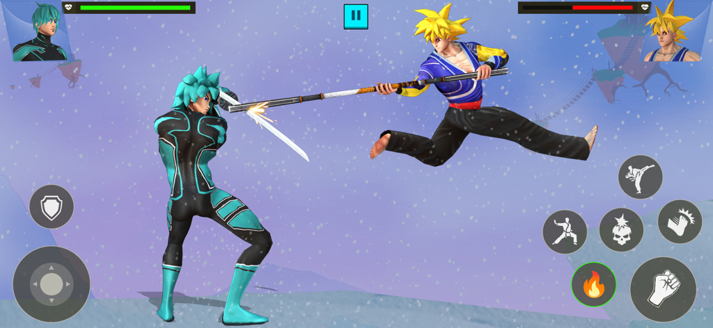 Karate Kings : Anime Fighting - Two 3D stylized anime characters engaged in a weapon-based combat in a snowy environment with game UI elements.