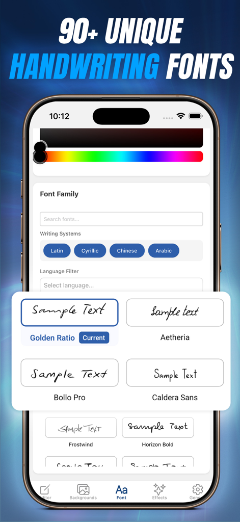 CursiveAI: Text to Handwriting - CursiveAI app interface showing a selection of realistic handwriting font styles and writing systems