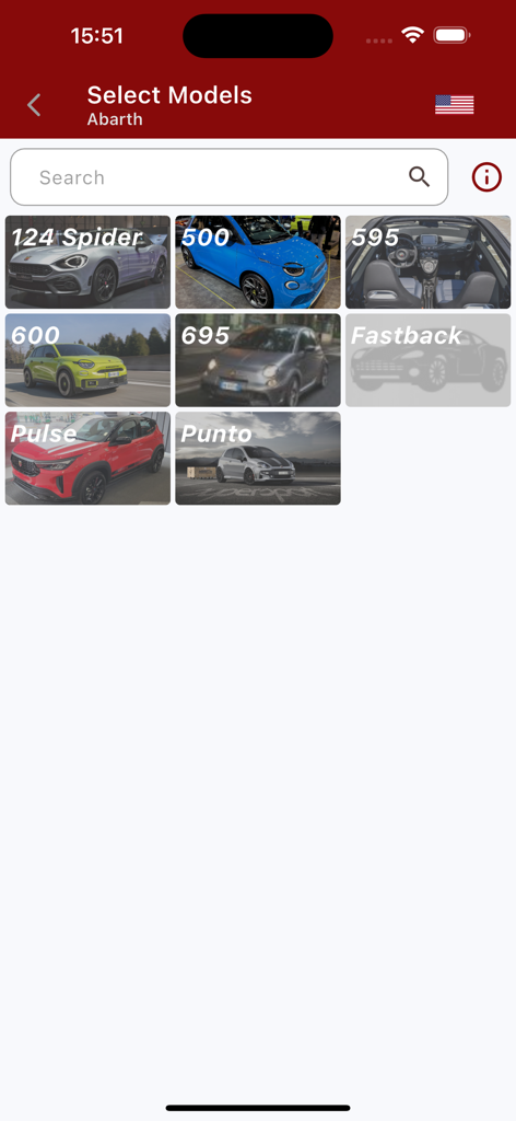 Interface do aplicativo AutoDataNet mostrando uma grade de modelos de carros Abarth para seleção