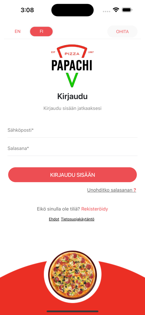 Papachi Pizzeria - Login screen for Papachi Pizzeria mobile app showing email and password fields in Finnish