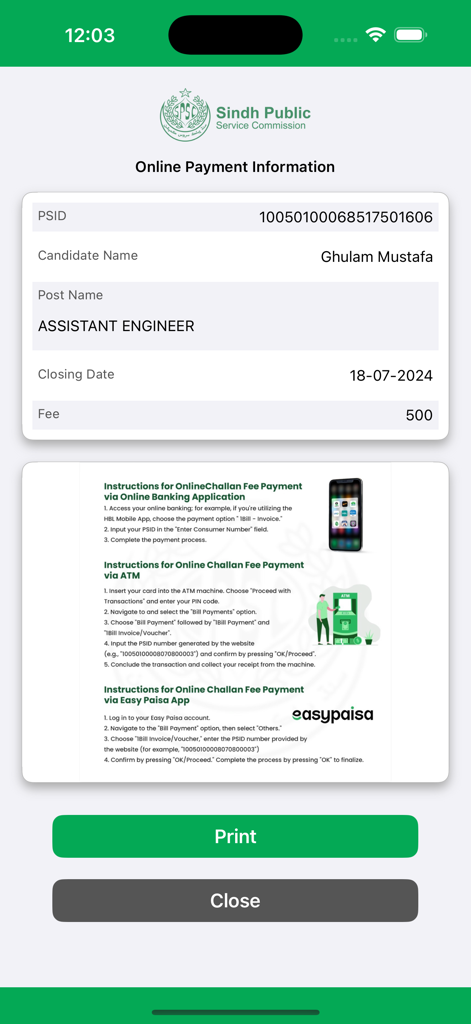 SPSC app online payment information screen showing candidate details and payment instructions