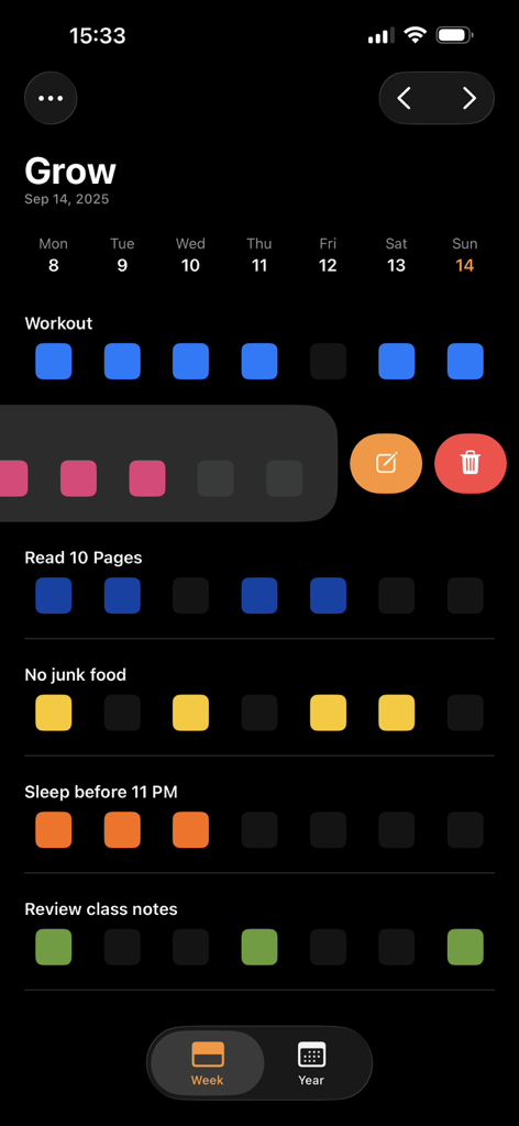 Grow - Habit Tracker - Weekly dashboard of the Grow Habit Tracker app showing progress for multiple habits like workout and reading with colorful square indicators on a dark theme