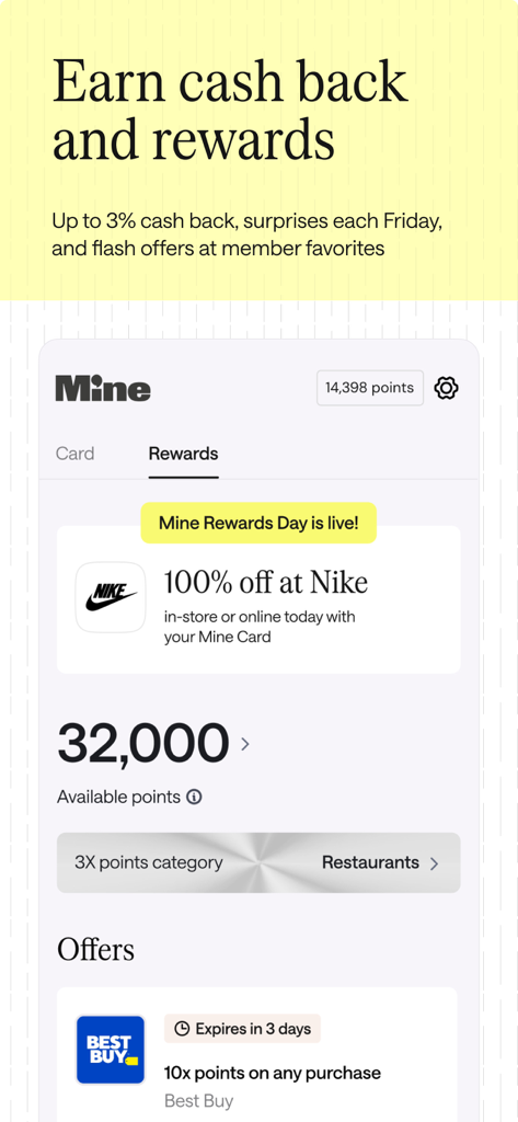 Mine app rewards screen showing points balance, a 100% off Nike offer, and cash back categories.