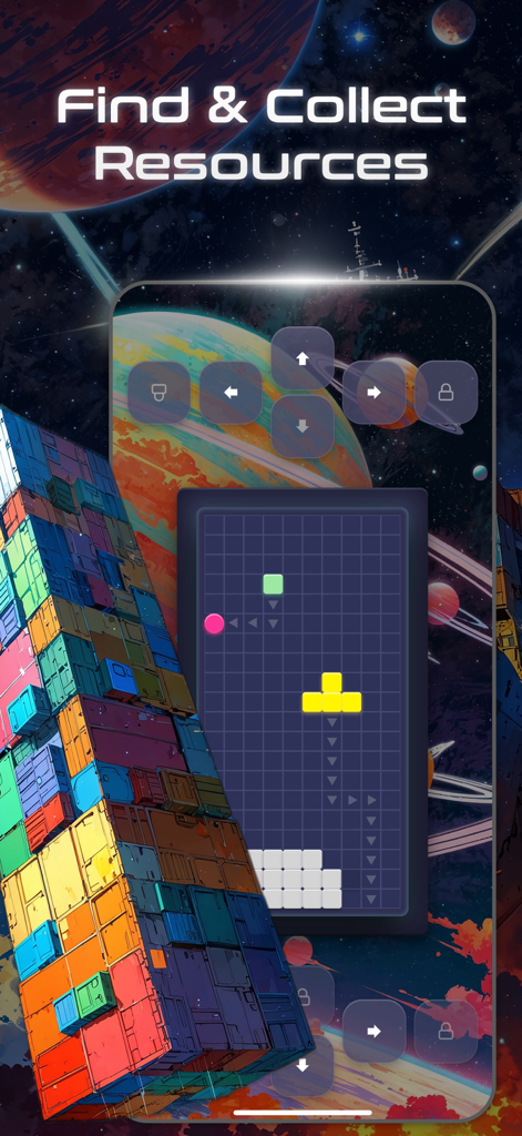 Pantalla de juego del juego móvil SERPENT que muestra un puzle de bloques basado en cuadrícula con un fondo temático espacial y el texto encontrar y recolectar recursos