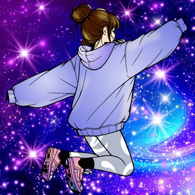 realistic girl jumping with a bun and oversized sweatshirt