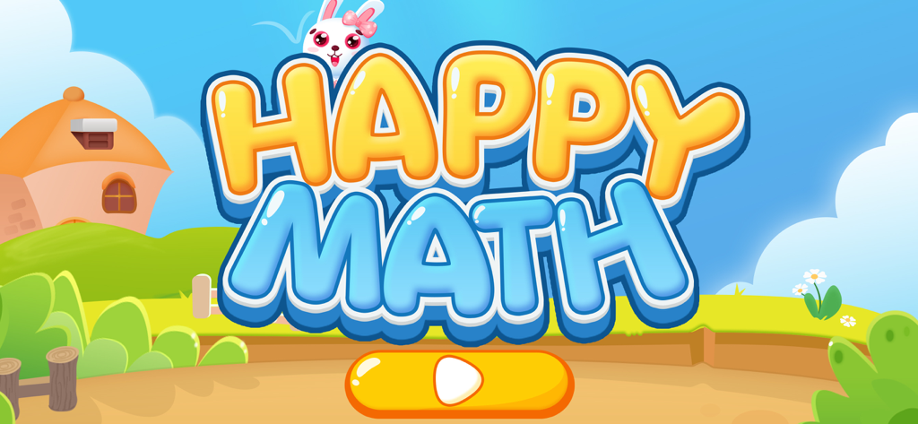 happy math-play and learn - Happy Math app title screen featuring a colorful bubbly logo a cute white bunny and a sunny cartoon landscape with a play button