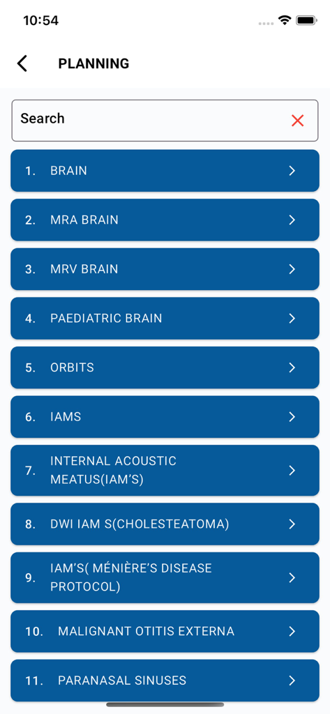 Interface of MRI MASTER app showing a list of MRI scan planning protocols for brain and head