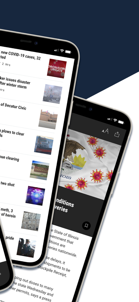 WCIA-3 News App - WCIA 3 News App mobile screens displaying local Central Illinois news headlines and an article about Illinois health conditions
