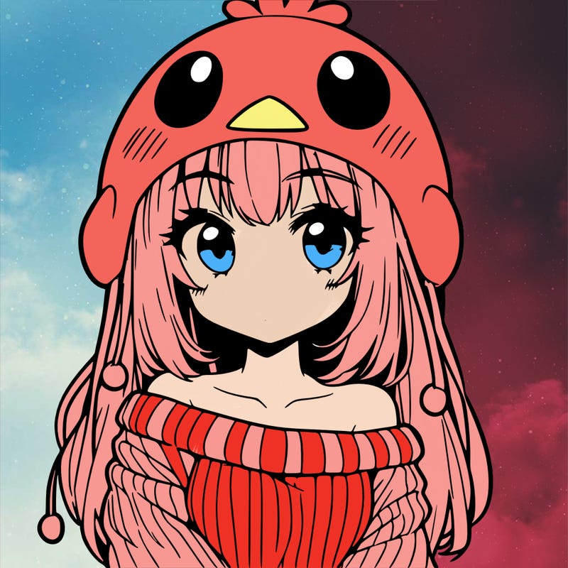 anime girl with chick shaped hat with sweater with bare shoulders with bangs covering them one eye with low tail