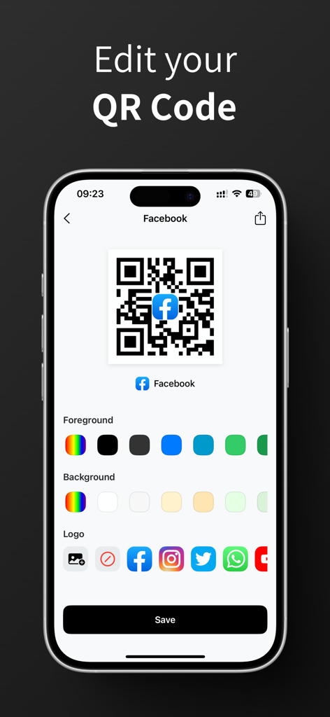 QR Code Generator / Scanner - Interfaz de aplicación móvil para editar un código QR con colores personalizados y logotipos de marca.