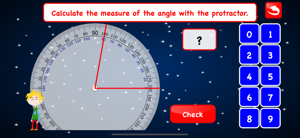 Fourth Grade Math Games Kids - Educational game screen showing a protractor for measuring angles in a fourth grade math app.