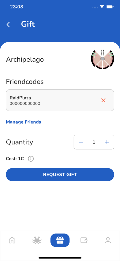 La interfaz de solicitud de regalo en la aplicación Raid Plaza muestra una opción para solicitar regalos de la región Archipiélago usando códigos de amigo y créditos.