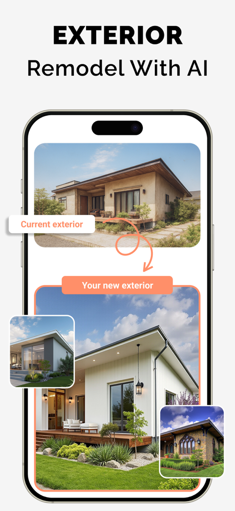 Deco: AI Remodel & Home Design - Smartphone screen showing an AI-powered exterior home redesign from a simple house to a modern white facade with landscaping.