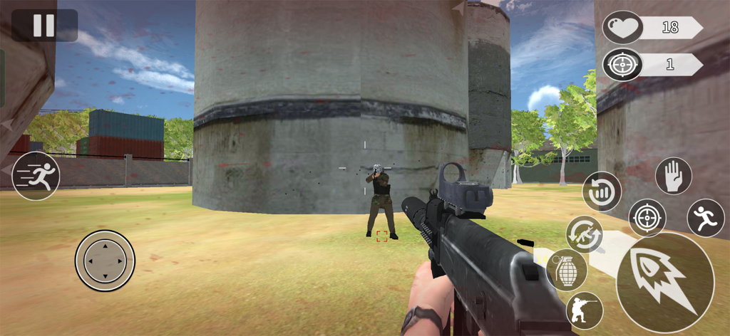 First-person shooter gameplay in Infinity Battle Gun Game showing aiming and UI controls.