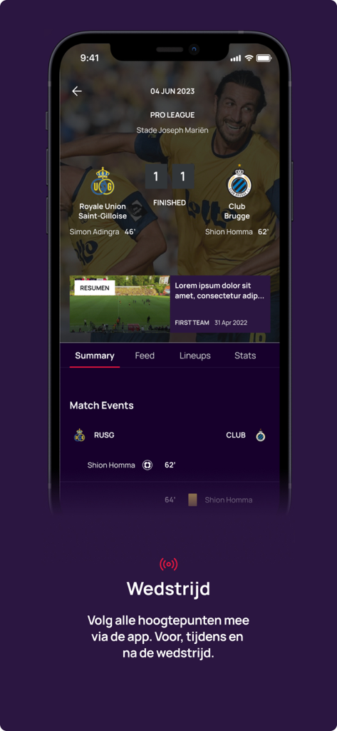 Pro League - Mobile app screen showing a live match summary and highlights for a Jupiler Pro League soccer game