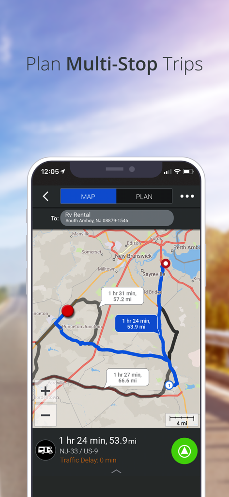 CoPilot GPS Navigation - Schermata dell'app CoPilot GPS che mostra la pianificazione di viaggi multi-tappa su una mappa per un camper