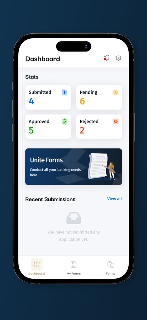 Unite.et - Unite.et mobile app dashboard showing application stats for submitted, pending, approved, and rejected banking forms.