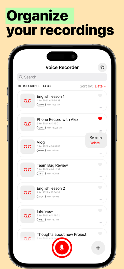 Voice Recorder: Speech-to-Text - Captura de pantalla de la aplicación Voice Recorder que muestra una lista organizada de grabaciones de audio con opciones para renombrar o eliminar archivos