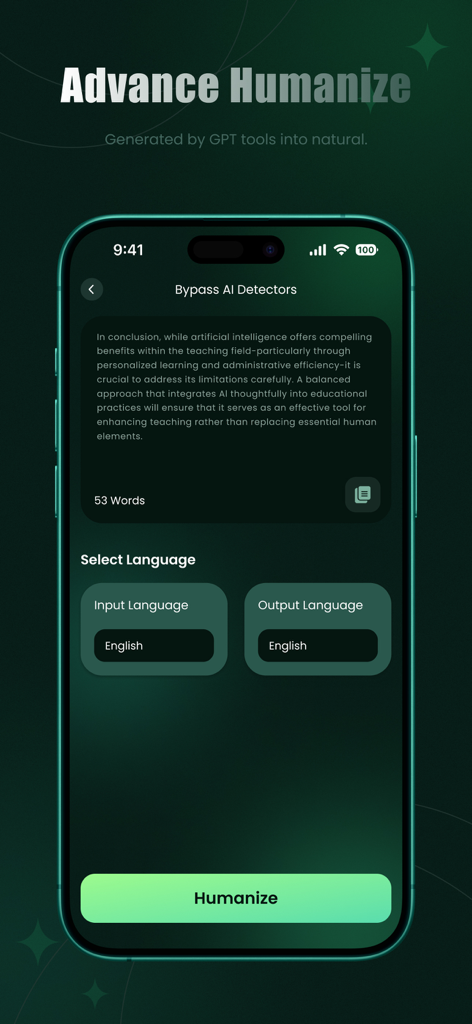 Undetect AI - Humanize AI Text - Screenshot of Undetect AI app interface showing how to humanize text to bypass AI detectors.
